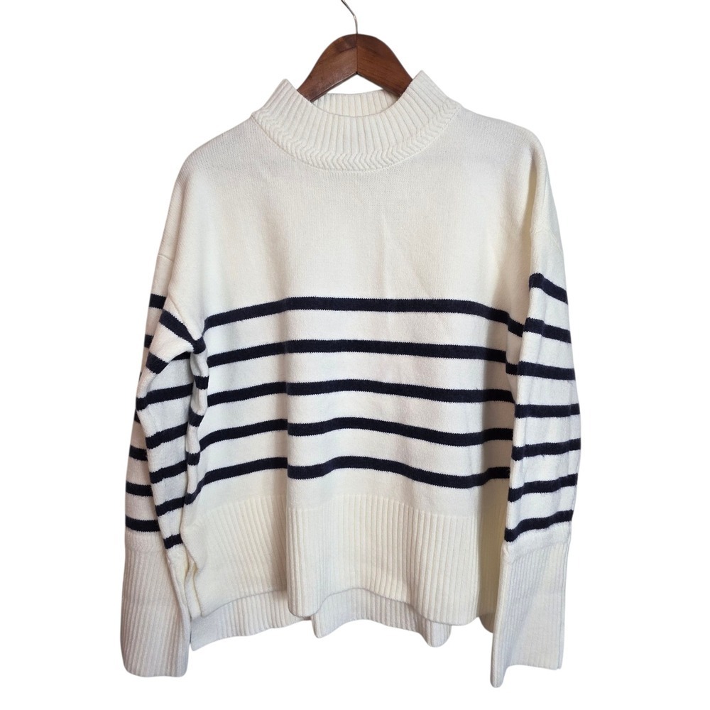 Grace Karma Womens Striped Mock Neck Sweater Pullover Cream Blue Large Nautical - Picture 3 of 14